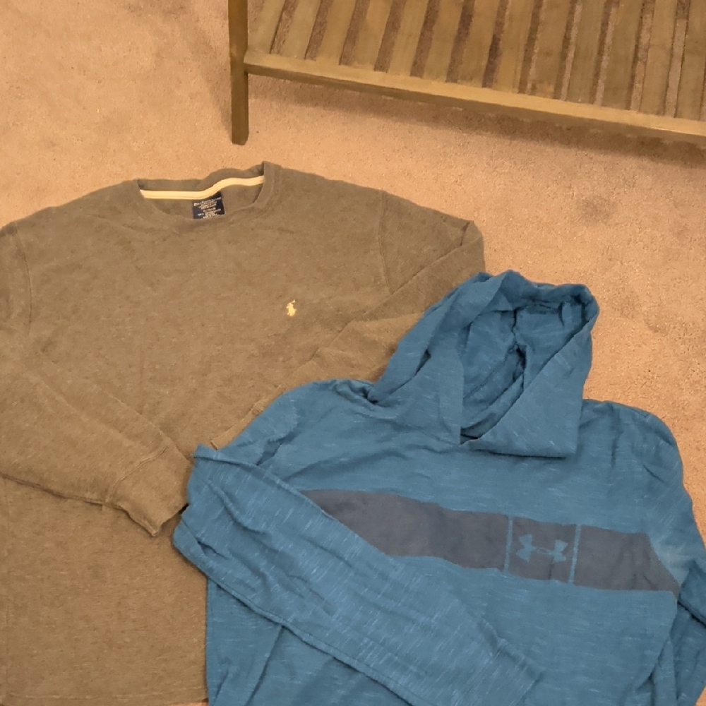 2 Men's Tops! Polo Ralph Lauren Gray Sweatshirt and Under Armour Blue Hoodie